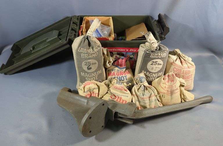 Reloading Supplies, Includes Shot Of Various Weight, Lachmiller Press, Lyman 12 ga Cutts Comp Set, Redding Neck Sizing Bushings And Size 12 Shell Holders, Wilson Case Trimmer, CH Flash Bulb Deburring Tool, Ideal Resizing Tool, And More, In MTM Sportsman's Dry Box image