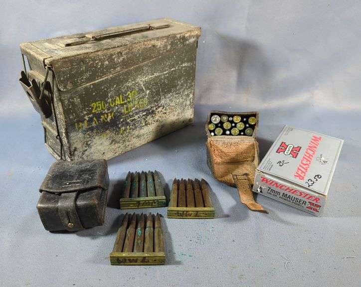 7mm Mauser Ammo, Approx 53 Rds, With Metal Ammo Can, 7" x 11" x 4", And Leather Ammo Pouches, Qty 2, Local Pickup Only image