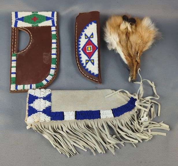 Beaded Leather Sheaths, Range 8.5" To 11", And Fox Head Fur image