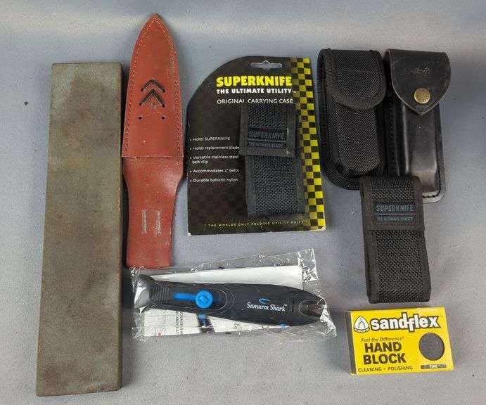 Leather And Nylon Knife Sheaths, Samuri Shark Sharpener, Sandflex Hand Block, And Sharpening Stone image