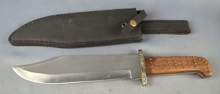 Fixed Blade Knife, Brass Guard And Studded Handle, 9.75" Blade, In Leather Sheath image