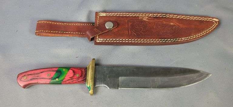 Fixed Blade Knife, Brass Guard, With Red And Green Wood Handle, 8" Blade, In Embossed Leather Sheath image