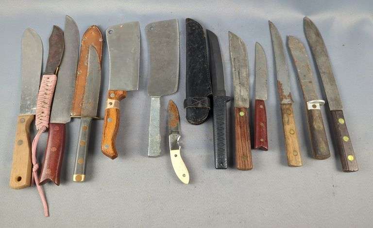 Fixed Blade Knives, Various Brands, Styles, And Lengths, Total Qty 13, Two In Leather Sheaths image