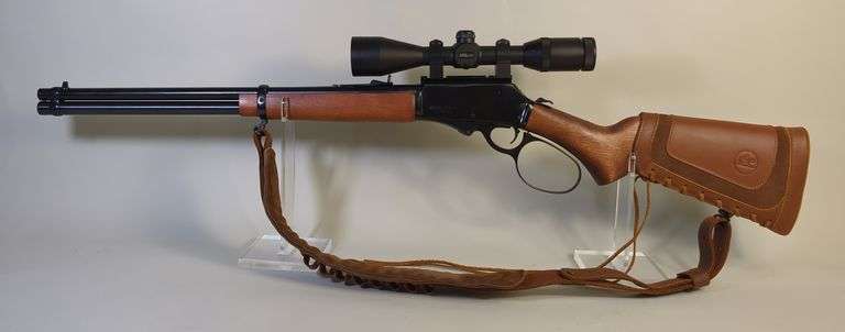 Rossi/ BraZtech Rio Grande 45-70 Gov't Large Loop Lever Action Rifle SN# K298171, Millett The Buck 3-9x44 Scope, Leather Sling With Cartridge Loops, Leather Butt Cover With Cartridge Loops image