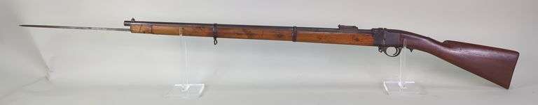 Shok 1886 Twist Breech Rifle SN# Not Found, Unknown Cal, Hidden Triangular Bayonet, Slide Safety Behind Trigger Guard, Thumb Release On Left Side To Allow Breech To Twist Open, Front Band Missing, Rear Band Is Loose image