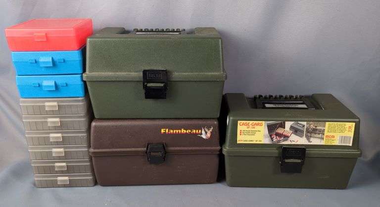 MTM Case-Gard SF-100 Shotshell Box, Qty 2, Flambeau Shotshell Box, J&J .45 ACP/ 10mm 100 Round Ammo Organizer, Qty 6, MTM Case-Gard P100 Magnum 4 Ammo Organizers, Qty 2, And Midway 100 Round Organizer image