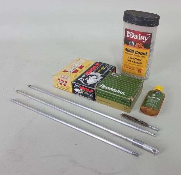 Ammo Assortment And Supplies, Includes Winchester .30 Luger, Approx 50 Rds, Wolf 9mm Luger, Approx 37 Rds, Remington Golden Saber .45 Auto, Approx 4 Rds, Daisy BBs, Rem Oil, And A Cleaning Rod, Local Pickup Only image