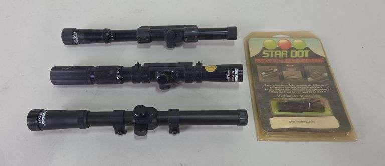 Winfield 3-7x20 Scope, Tasco RF4x15 Scope, Universal Standard 4x15 Scope, And Star Dot Fiber Optiv Muzzleloader Sight image
