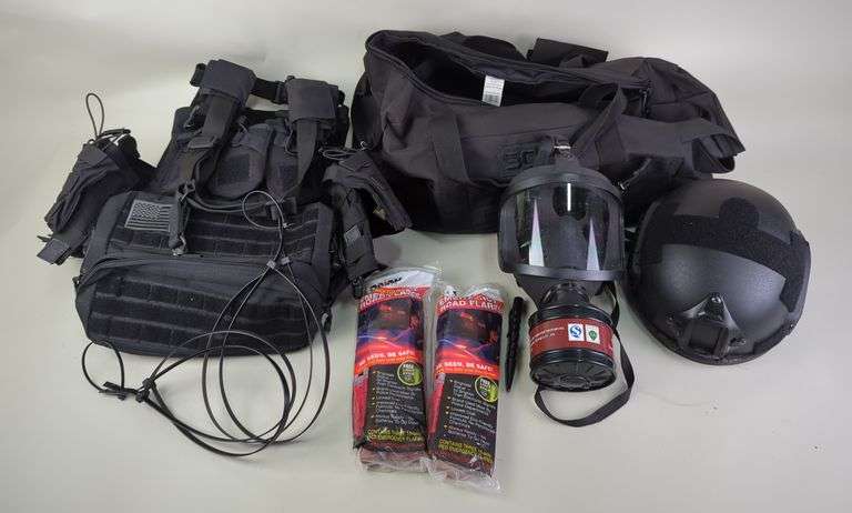Riot Gear, Includes One Tigris Body Armor, Gas Mask, Tactical Helmet, Krydex Mag Pouches, And Zip Ties, In SOG Carry Bag image