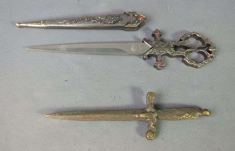 Intricate Scissors With Gothic Sword Design With 6" Blades, In Metal Scabbard, And Letter Opener With 4" Blade image