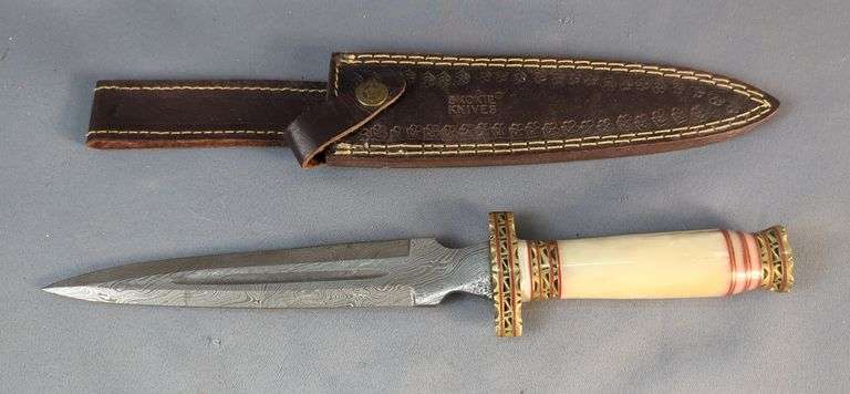 Smoke Knives Damascus Steel Dagger With Bone And Brass Handle, With 7.75" Blade Length, In Leather Sheath image
