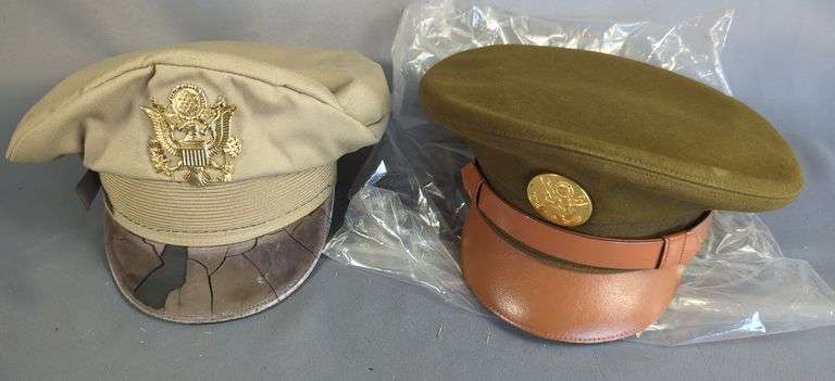 World War II US Army Enlisted Men's Visor Cap And Officer's Cap, Visor And Strap Damaged image