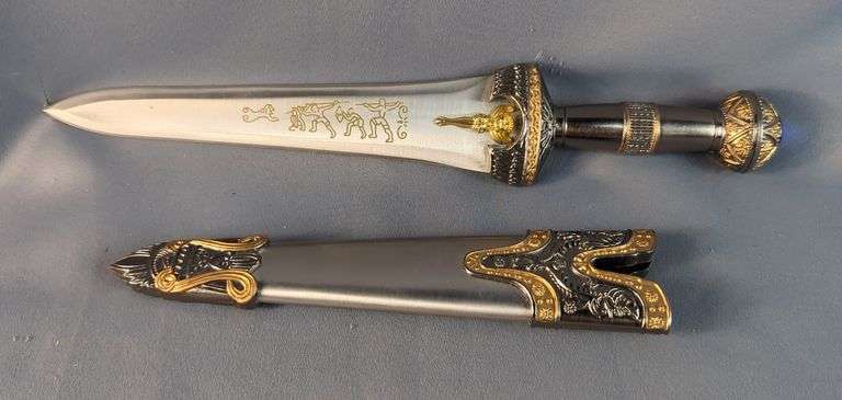 Dagger With Golden Blade Design In Metal Scabbard, 8" Blade image