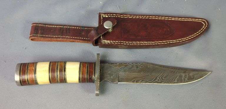Damascus Steel Fixed Blade Knife With Bone And Wood Handle, In Embossed Leather Sheath, 7.25" Blade image