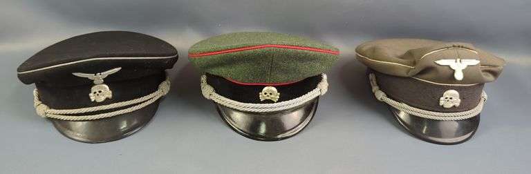World War II Nazi German SS Officer's Visor Cap, Waffen SS Panzer Officer's Visor Cap, And Waffen SS Officer's Cap image
