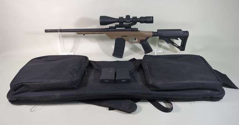 Mossberg MVP Series MVP LC 5.56 Nato Bolt Action Rifle SN# MVP0012061, Vortex Diamondback 3.5-10x50 Scope With Camo Cover, Adjustable Stock, 4 Total Mags, Blackhawk Sportster Bipod Rail Adaptor, In Bulldog Tactical Soft Case, Zipper Pull Is Missing image