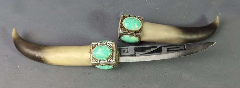 Engraved Horn Design Knife With 6" Blade, In Horn Shaped Scabbard image