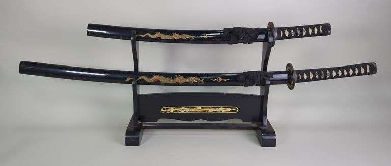 Katana And Wakizashi Swords On Display Stand, 29" And 18.5" Blades, Both Have Embossed Dragons On The Blades, Both In Scabbards image