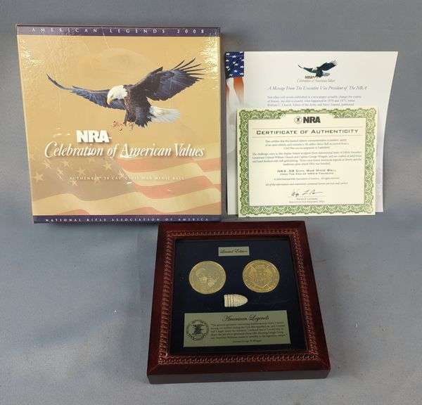 Limited Edition NRA Celebration Of American Values Authentic .58 Cal Civil War Minie Ball, Number 04470, With COA, And Challenge Coins image