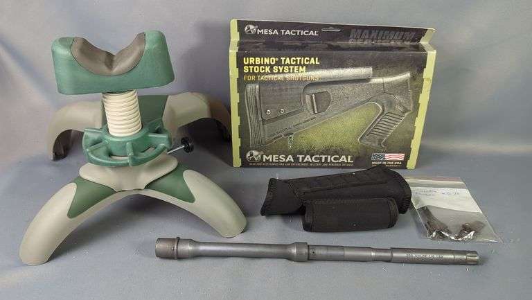 USA .223 Wylde Barrel With 1:9 Twist, Mesa Tactical Urbino Tactical Stock System For Supernova (Standard Butt, 12 ga, Black), Winchester Mod 70 Ranger Sights, Butt Cover With Cartridge Loops, And Gun Rest image