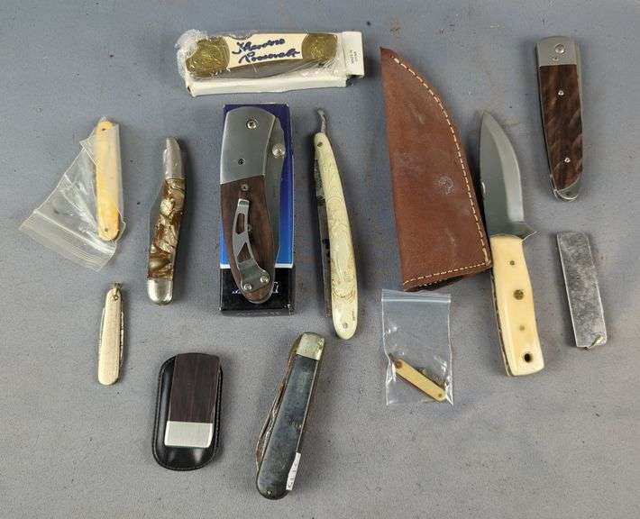 Pocket Knife And Folding Knife Assortment, Fixed Blade Knife In Leather Sheath, And Oxford Straight Razor image