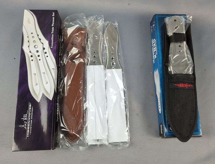 United Gil Hibben Gen-X Triple Throwing Set And Competition Triple Thrower Set, Both With Sheaths, One Leather One Nylon image