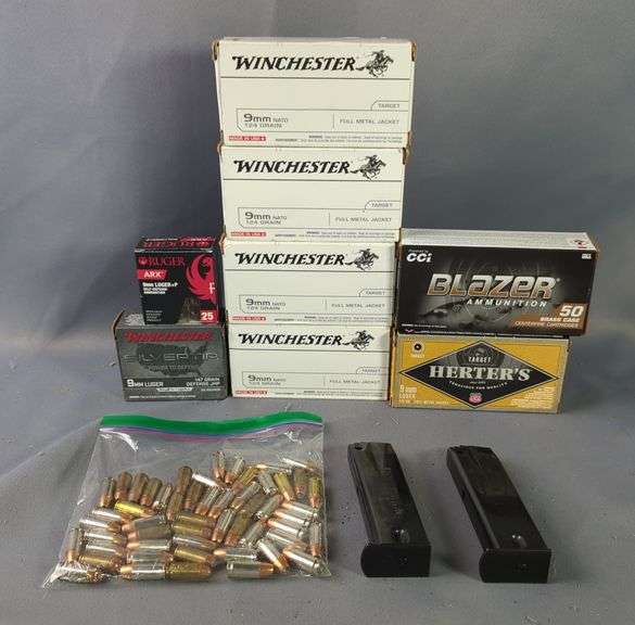 Winchester, Herter's, Blazer, Hornady, PMC, And Sig 9mm Nato And 9mm Luger Ammo, Approx 373 Rds, And Double Stack Metal Mags, Qty 2, Local Pickup Only image