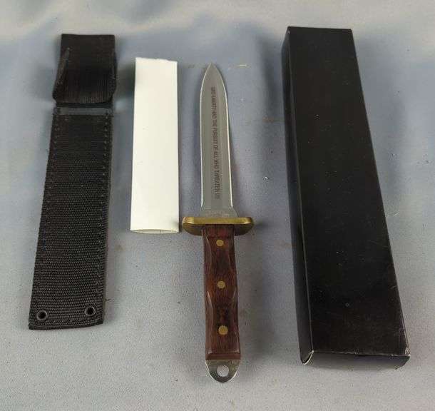 United US Army Ranger Commemorative Dagger, Brass Guard, 7" Blade, Blade Marked 'Life, Liberty, And The Pursuit Of All Who Threaten Us', In Nylon Sheath image