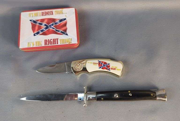 Automatic Switchblade With 5" Blade, And "It's Not A Redneck Thing... It's The Right Thing" Souvenir Knife With 2.75" Blade And OTS 5" Switchblade image