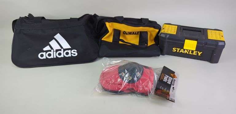DeWalt Tool Bag, Stanley Tool Box, Western Safety Black Cap Knee Pads, New, And Adidas Bag image