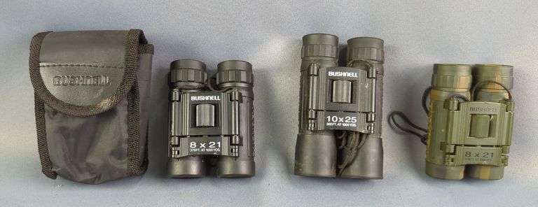 Bushnell 10x25 Camo Binoculars, And Bushnell 8x21 Binoculars, Qty 2, One In A Case image