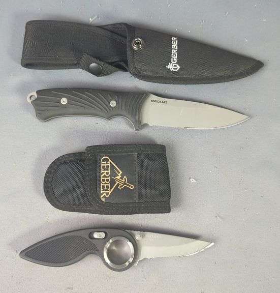 Gerber Fixed Blade Knife With 4-1/4" Blade, And Gerber Folding Knife With 2-1/2" Blade, Both In Nylon Sheaths image