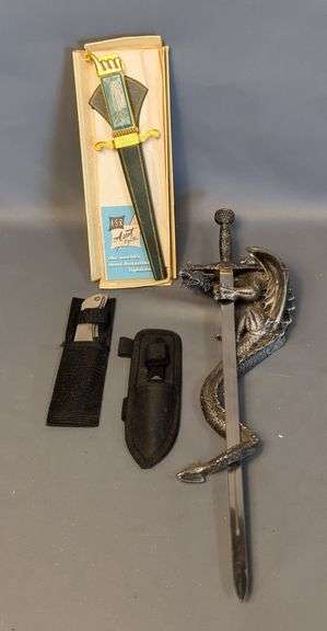 Assorted Knives and Sword Collection - Throwing Knives, Dragon Sword Sword Decor and Ascot Lighter Dagger image