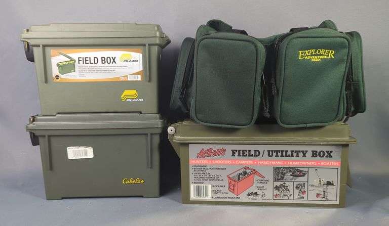 Plano, Cabela's, And Action's Field Boxes, 7" X 11" X 5", Qty 2, 6.5" X 7.5" X 13.5", And Explorer Adventure Pack image