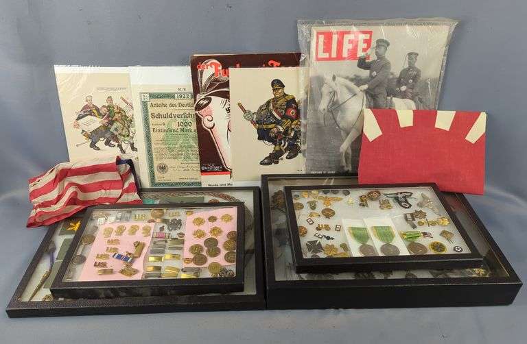 US Military, Prussian, And Nazi Germany Insignia, Pins, Medals, Ribbons, And More, Anti Nazi Cartoons And Music, German 1000 Mark Bond, 48 Star US Flag, Imperial Japanese Flag, And Emperor Of Japan Life Magazine image
