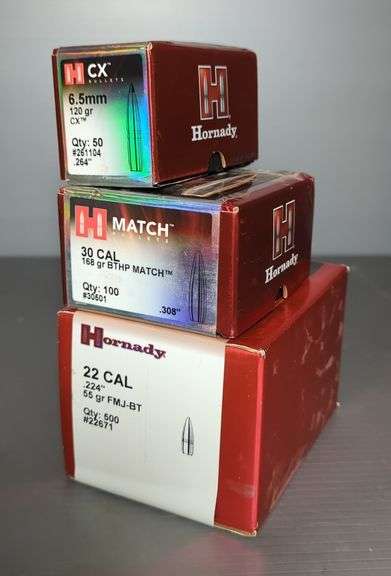 Hornady 6.5mm CX Bullets, Approx Qty 50, .30 Cal Match Bullets, Approx Qty 100, And .22 Cal Bullets, Approx Qty 500 image
