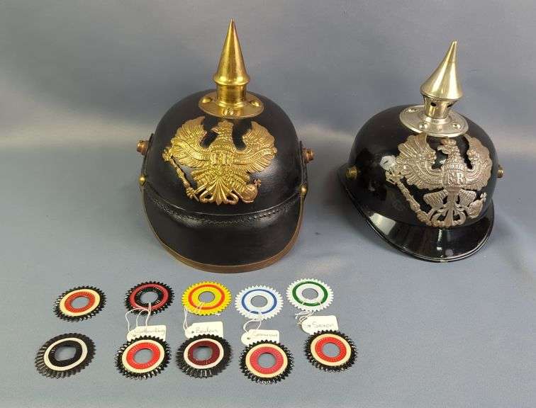 World War 1 German Picklehaube Helmets, Qty 2, And Imperial German WWI Picklehaube Helmet Cockades, Qty 5 Sets image