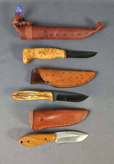 Fixed Blade Knives, Qty 3, 3" And 3-1/2" Blades, All In Leather Sheaths image