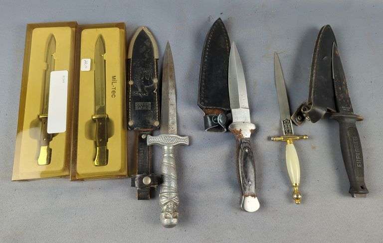 Dagger Collection, Includes Explorer MM-III K, Edge Solingen, And Unmarked, All In Leather Sheaths, Dagger Letter Opener Made In Spain, Believed To Be Toledo, And Mil-Tec Letter Openers, Qty 2 image