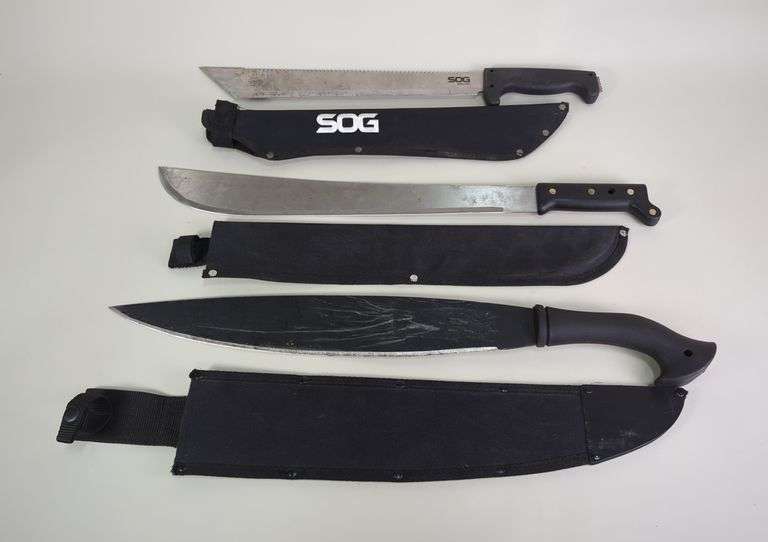 Barong Machete With 18" Blade, Machete With 17.75" Blade, And Sogfari Tanto Machete With 15" Blade, All In Nylon Sheaths image