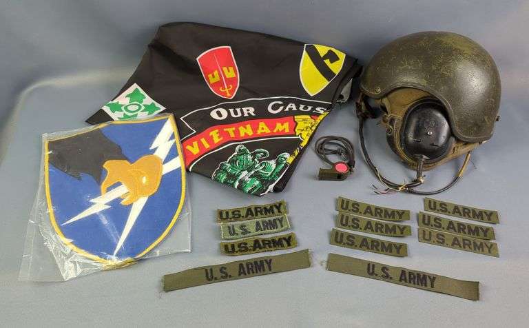 Vietnam Era US Military Combat Vehicle Crewman Helmet, Vietnam Veterans Flag, US Army Name Tapes, US Army Whistle, And US Army Security Agency 12" Patch image