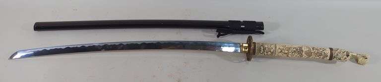 Katana Sword With Brass Guard, And Relief Handle, Dragon Head Pommel Needs Repair, In Scabbard image