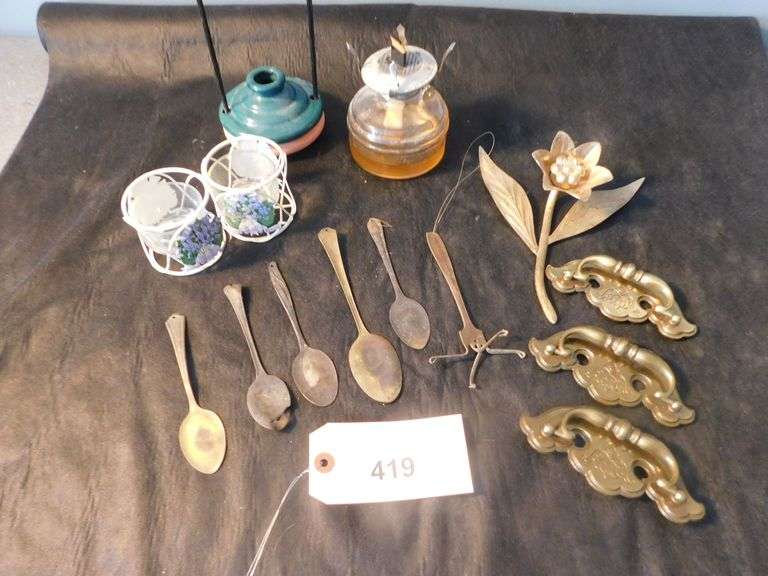 Oil lamp (no globe) brass, flatware, candle holders