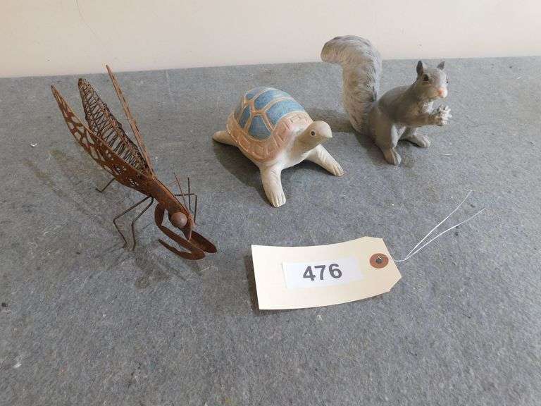 Turtle, squirrel, metal grasshopper