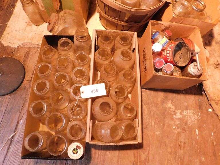 12 Boxes Chock Full Of Misc. Jars, Ball, Atlas, Ovaltene, Jif, And Gerber