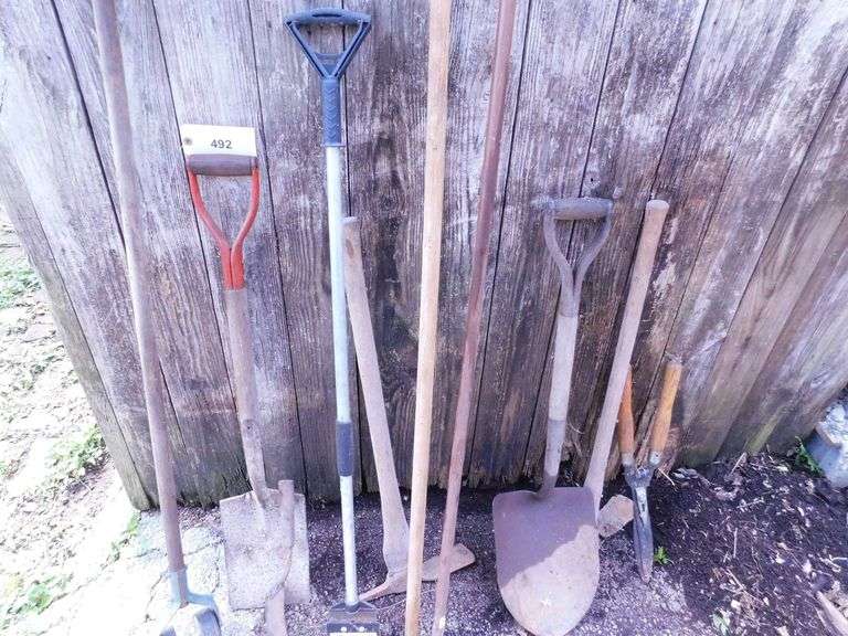 Lot Of 10 yard Implements- Shovels, Edger, Clippers, Wooden Poles, Pick Axe