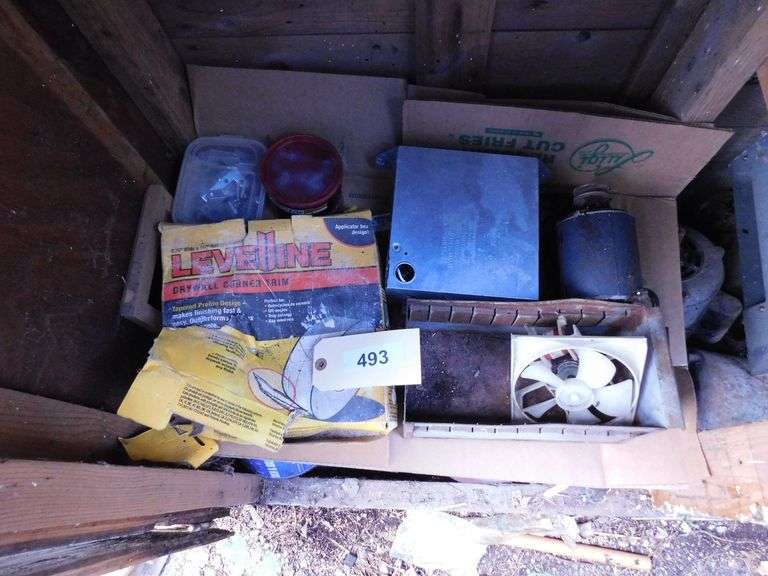 Lot Of Household Implements- Screws, Nails, Hinges, Electrical Switches and Boxes, Motors, Saw Blades, Gaskets, Propane Tank, Casters, Tape, Sealer, Tool Box, Grease, Drywall, Corner Trim