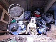 Lot Of Household Implements- Screws, Nails, Hinges, Electrical Switches and Boxes, Motors, Saw Blades, Gaskets, Propane Tank, Casters, Tape, Sealer, Tool Box, Grease, Drywall, Corner Trim