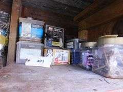 Lot Of Household Implements- Screws, Nails, Hinges, Electrical Switches and Boxes, Motors, Saw Blades, Gaskets, Propane Tank, Casters, Tape, Sealer, Tool Box, Grease, Drywall, Corner Trim