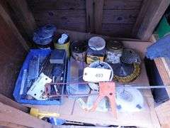 Lot Of Household Implements- Screws, Nails, Hinges, Electrical Switches and Boxes, Motors, Saw Blades, Gaskets, Propane Tank, Casters, Tape, Sealer, Tool Box, Grease, Drywall, Corner Trim